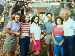 Andover alums and Gendler Grapevine executive committee members Tajlei Levis and Claudia Kraut Rimerman pose in front of the sukkah with other Andover students and Rabbi Gendler, circa 1985.